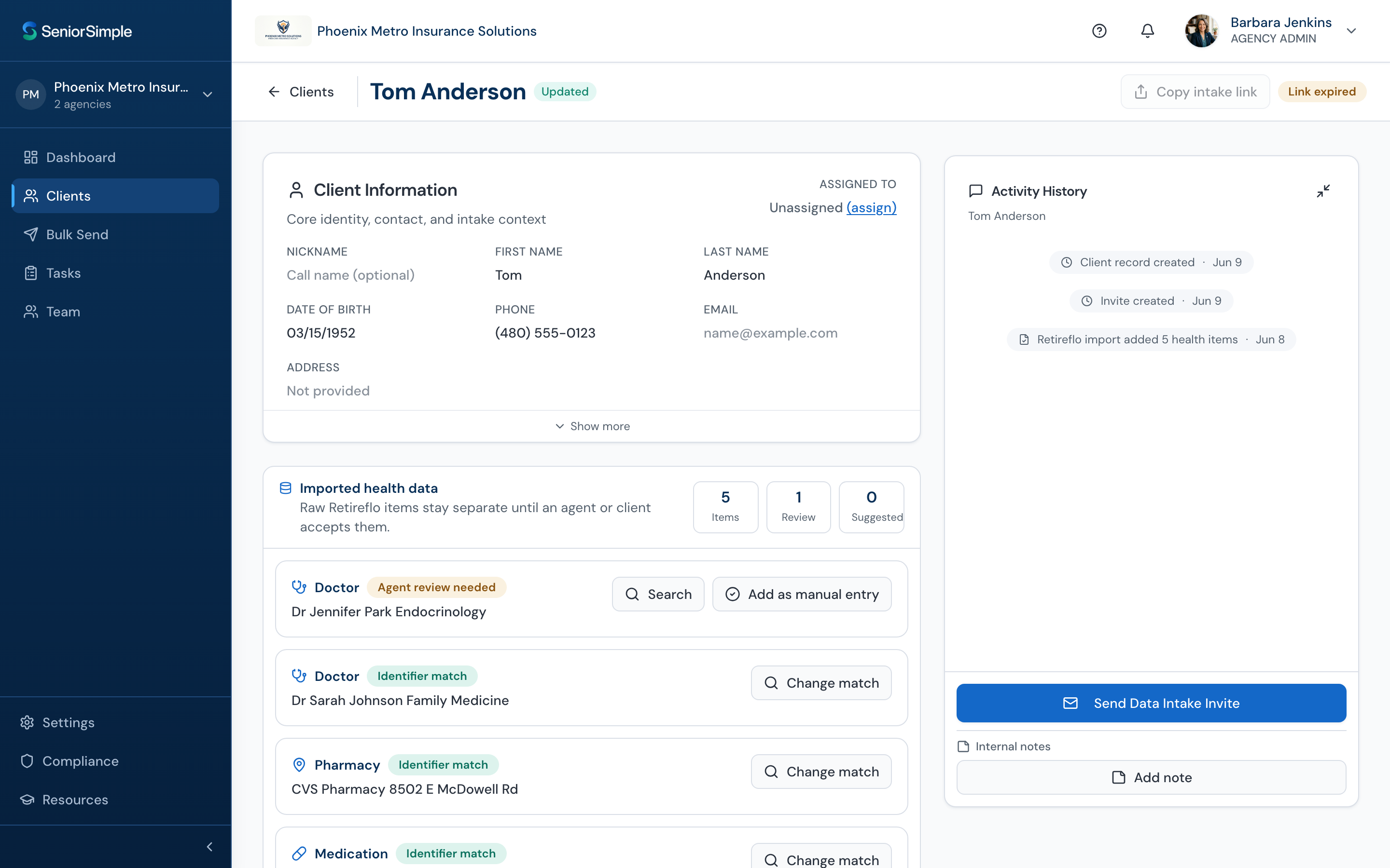 ClientKeep client detail with verified providers and intake history
