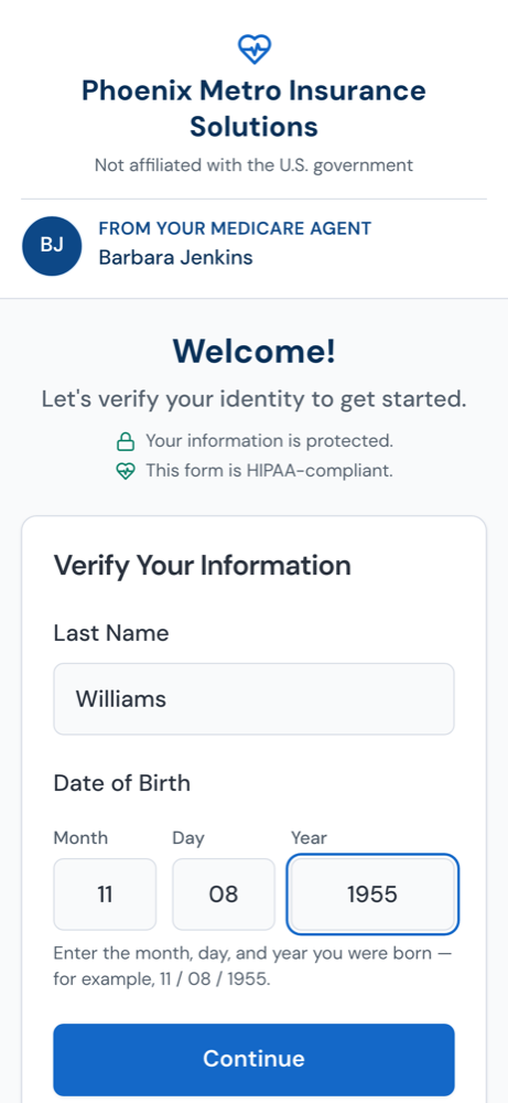 Branded intake page the client opens